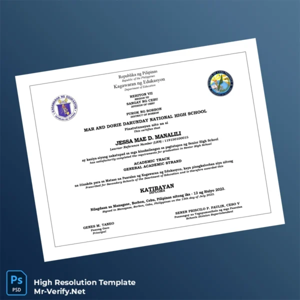 Philippines Mar and Dorie Darunday National High School High School Diploma – Fully Editable & High Resolution Philippines Mar and Dorie Darunday National High School High School Diploma – Fully Editable & High Resolution