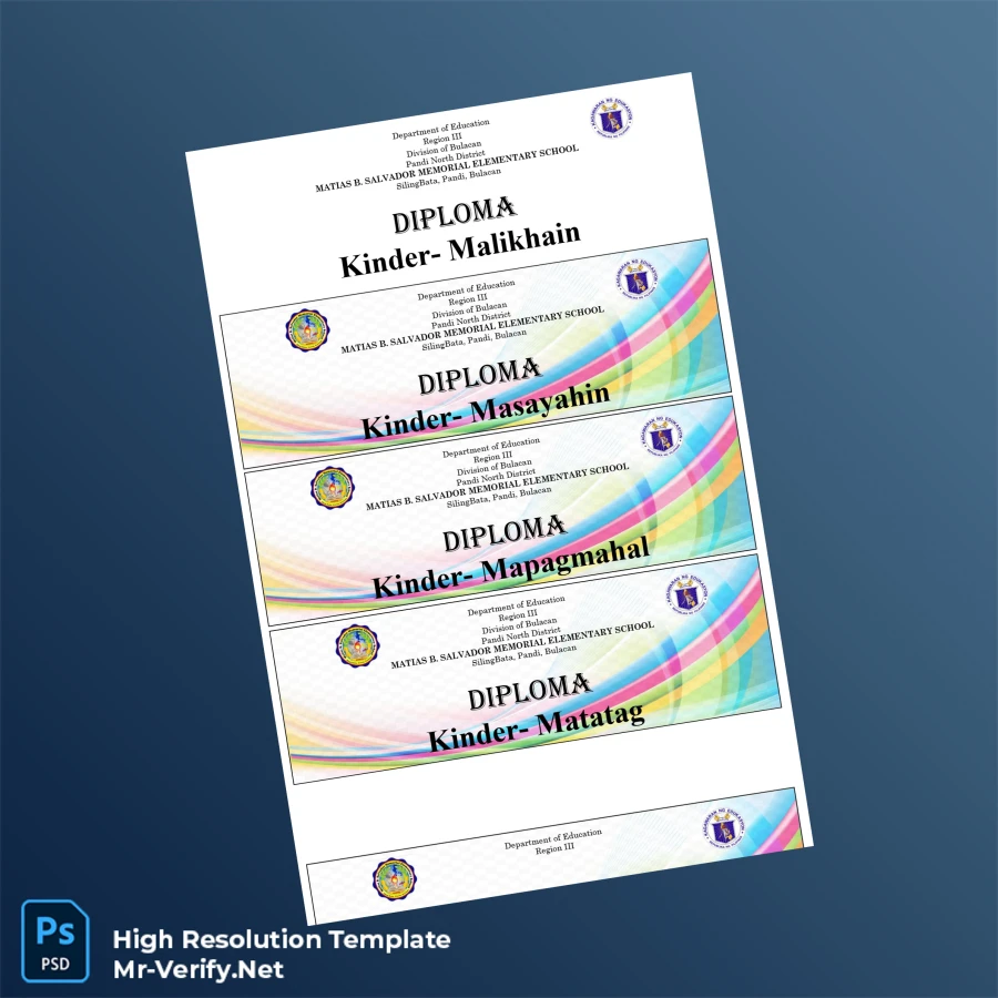Philippines Matias B. Salvador Elementary School Diploma Template – Fully Editable & Print-Ready 3 Page Philippines Matias B. Salvador Elementary School Diploma Template – Fully Editable & Print-Ready 3 Page