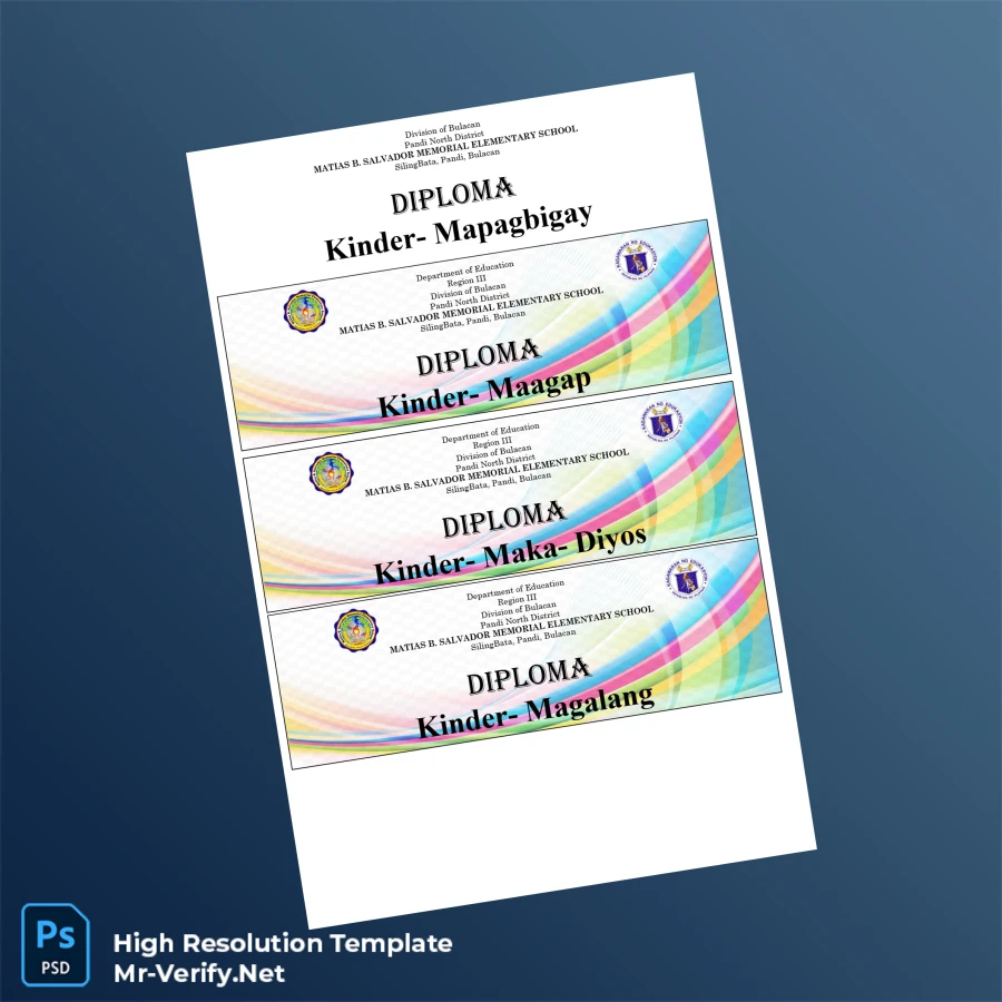 Philippines Matias B. Salvador Elementary School Diploma Template – Fully Editable & Print-Ready 3 Page Philippines Matias B. Salvador Elementary School Diploma Template – Fully Editable & Print-Ready 3 Page
