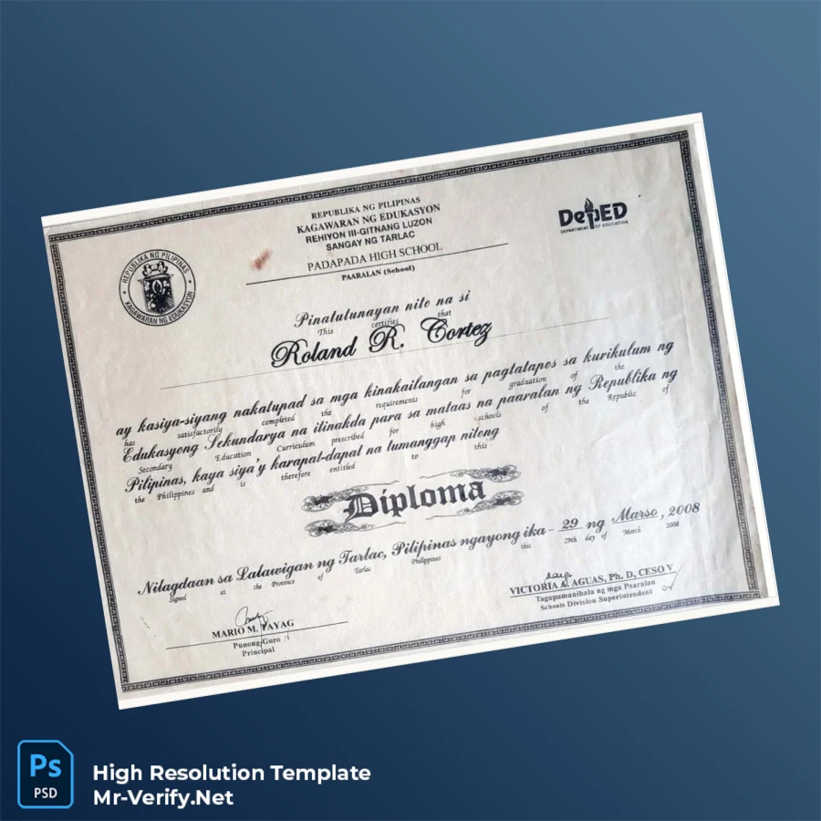 Philippines Padapada High School High School Diploma Template – Fully Editable & Print-Ready Philippines Padapada High School High School Diploma Template – Fully Editable & Print-Ready