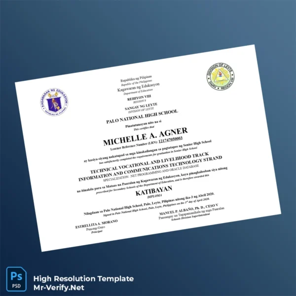 Philippines Palo National High School Diploma – Fully Editable & High Resolution Philippines Palo National High School Diploma – Fully Editable & High Resolution