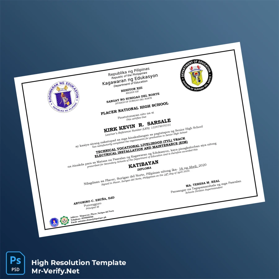 Philippines Placer National High School High School Diploma – Fully Editable & High Resolution 3 Page Philippines Placer National High School High School Diploma – Fully Editable & High Resolution 3 Page