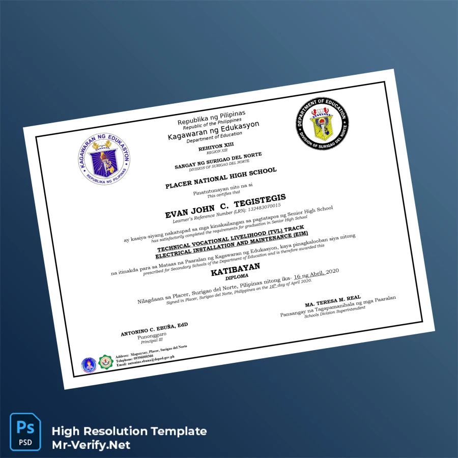 Philippines Placer National High School High School Diploma – Fully Editable & High Resolution 3 Page Philippines Placer National High School High School Diploma – Fully Editable & High Resolution 3 Page
