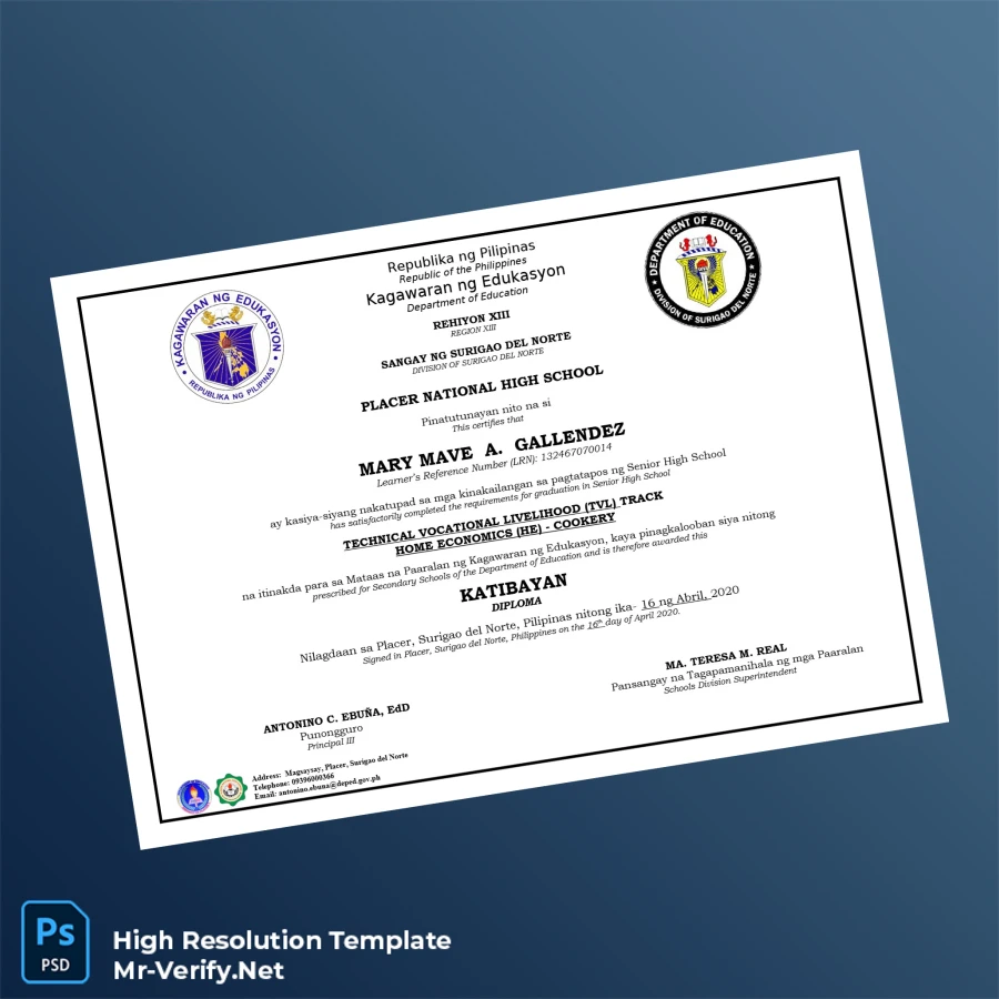 Philippines Placer National High School High School Diploma – Fully Editable & High Resolution 3 Page Philippines Placer National High School High School Diploma – Fully Editable & High Resolution 3 Page