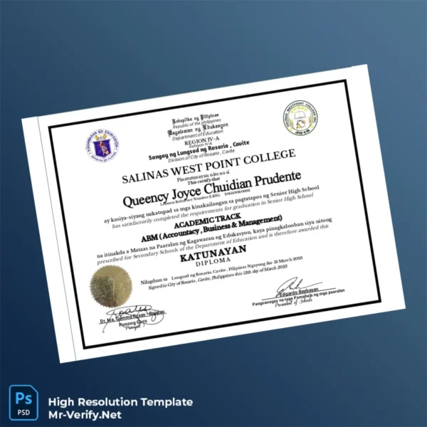 Philippines Salinas West Point College High School Diploma Template – Fully Editable & High Resolution