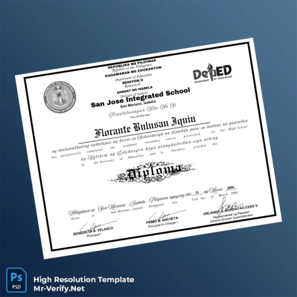 Philippines San Jose Integrated School High School Diploma – Fully Editable High Resolution Philippines San Jose Integrated School High School Diploma – Fully Editable High Resolution