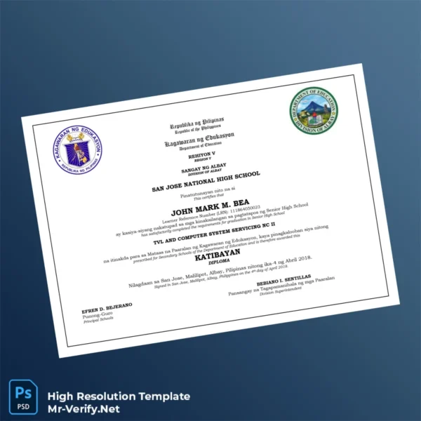 Philippines San Jose National High School High School Diploma – Fully Editable & Print-Ready Philippines San Jose National High School High School Diploma – Fully Editable & Print-Ready