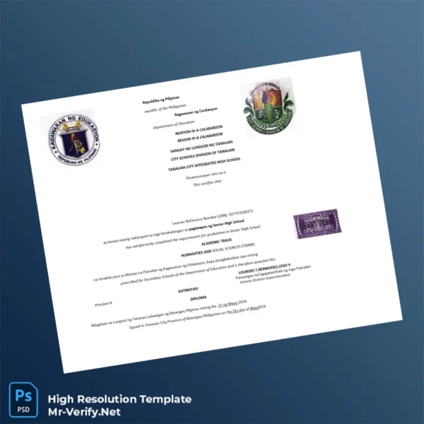 Philippines Tanauan City Integrated High School Senior High School Diploma – Fully Editable & High Resolution 2 Page Philippines Tanauan City Integrated High School Senior High School Diploma – Fully Editable & High Resolution 2 Page