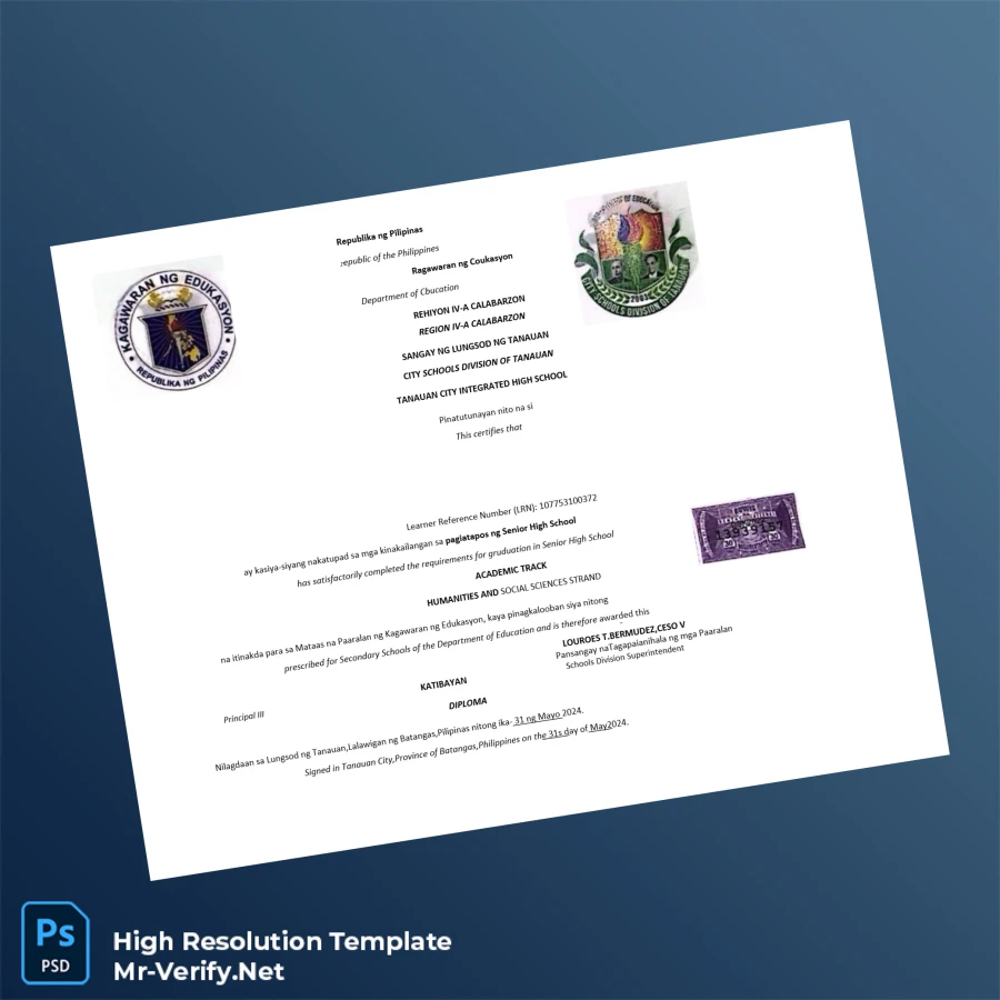 Philippines Tanauan City Integrated High School Senior High School Diploma – Fully Editable & High Resolution 2 Page Philippines Tanauan City Integrated High School Senior High School Diploma – Fully Editable & High Resolution 2 Page