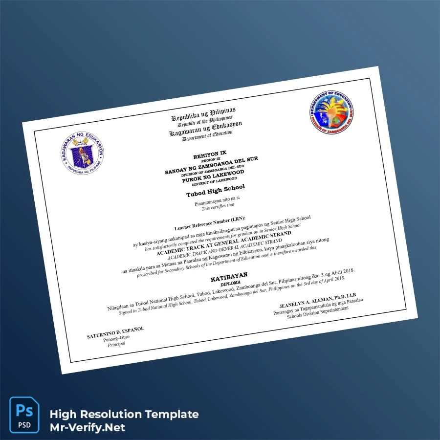Philippines Tubod High School High School Diploma – Fully Editable High Resolution Philippines Tubod High School High School Diploma – Fully Editable High Resolution