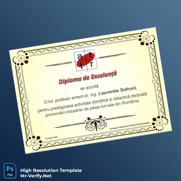 Romania Association of Foundry Technicians Excellence Diploma – Fully Editable & Print-Ready Romania Association of Foundry Technicians Excellence Diploma – Fully Editable & Print-Ready