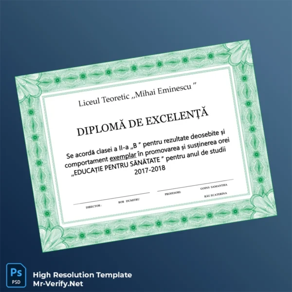 Romania Liceul Teoretic Mihai Eminescu Excellence Diploma – Fully Editable & Print-Ready Romania Liceul Teoretic Mihai Eminescu Excellence Diploma – Fully Editable & Print-Ready
