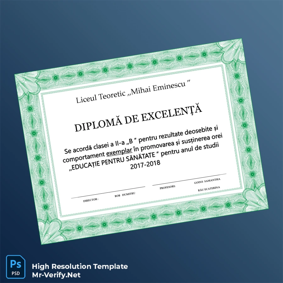 Romania Liceul Teoretic Mihai Eminescu Excellence Diploma – Fully Editable & Print-Ready Romania Liceul Teoretic Mihai Eminescu Excellence Diploma – Fully Editable & Print-Ready