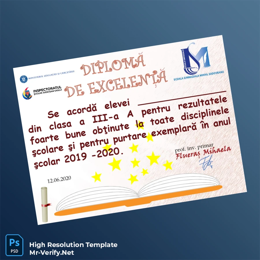 Romania Mihail Sadoveanu School Excellence Diploma – Fully Editable High Resolution Romania Mihail Sadoveanu School Excellence Diploma – Fully Editable High Resolution