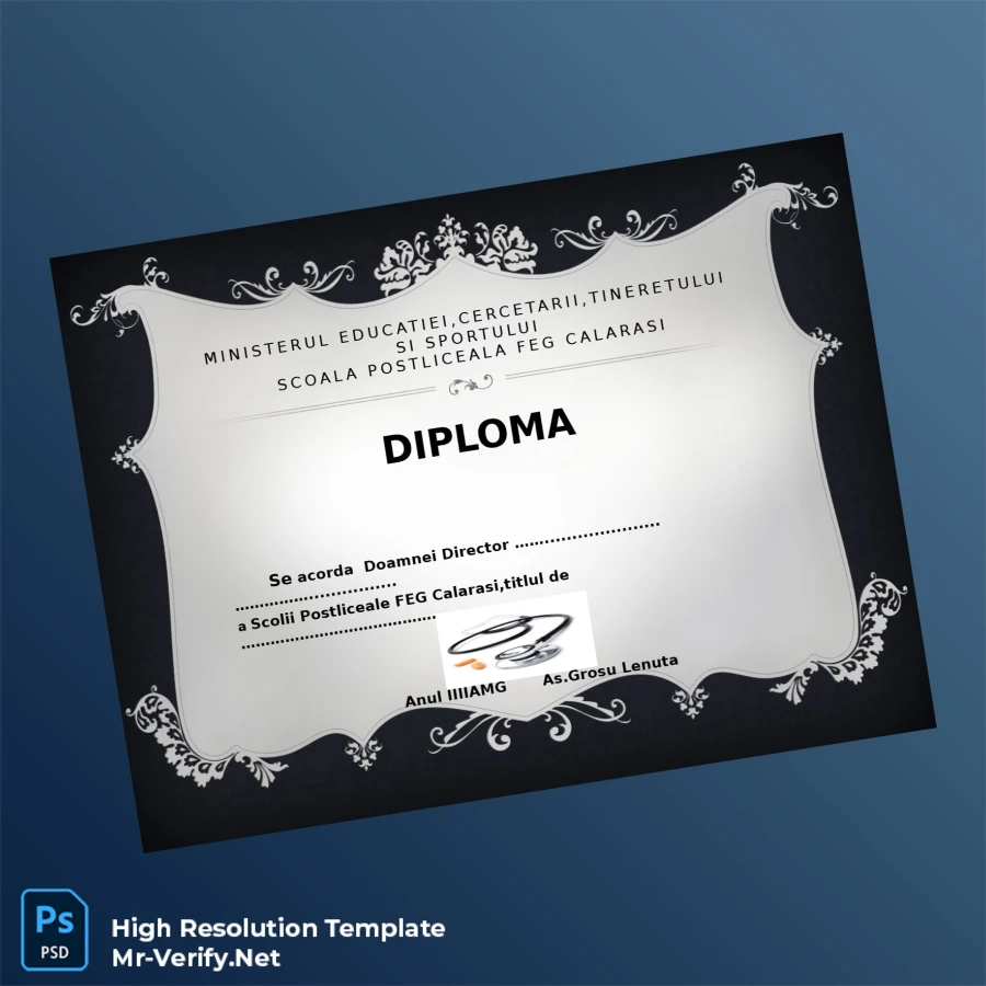 Romania Post-High School FEG Calarasi Director Diploma Template – Fully Editable High Resolution Romania Post-High School FEG Calarasi Director Diploma Template – Fully Editable High Resolution