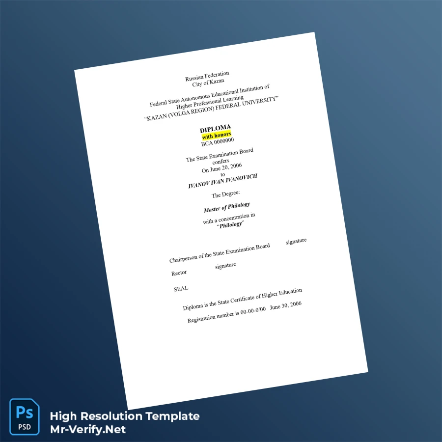 Russia Kazan (Volga Region) Federal University Master of Philology – Fully Editable Print-Ready Diploma 4 Page Russia Kazan (Volga Region) Federal University Master of Philology – Fully Editable Print-Ready Diploma 4 Page