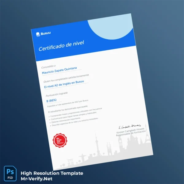 Spain Busuu A2 English Level Certificate Template – Fully Editable & Print-Ready Spain Busuu A2 English Level Certificate Template – Fully Editable & Print-Ready