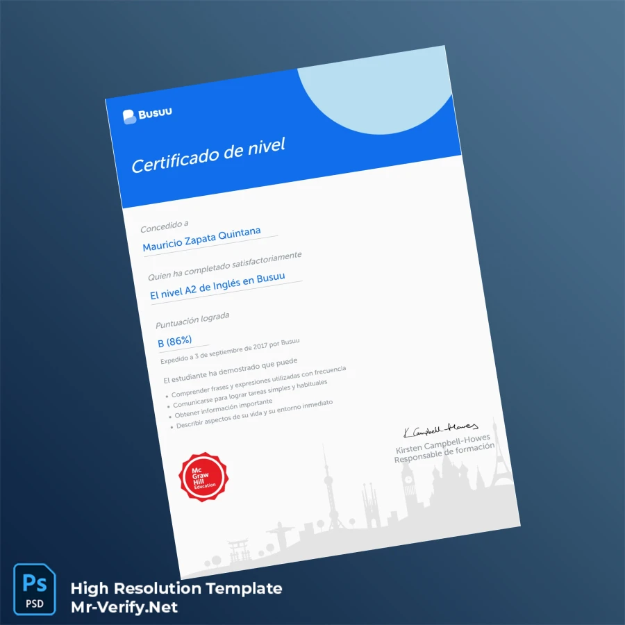 Spain Busuu A2 English Level Certificate Template – Fully Editable & Print-Ready Spain Busuu A2 English Level Certificate Template – Fully Editable & Print-Ready