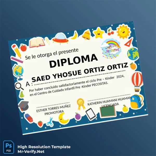 Spain Centro de Cuidado Infantil Pre-Kínder Pecositas Pre-Kinder Diploma – Fully Editable High Resolution 2 Page