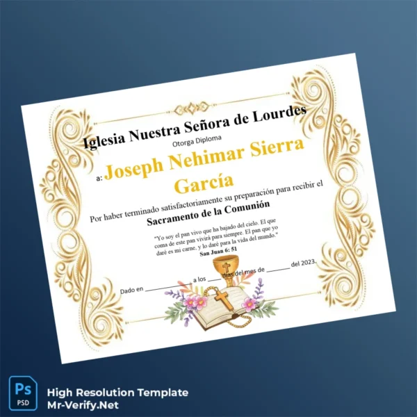 Spain Church of Our Lady of Lourdes Communion Diploma – Fully Editable, High Resolution Spain Church of Our Lady of Lourdes Communion Diploma – Fully Editable, High Resolution
