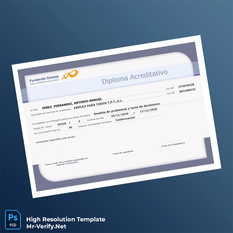 Spain Empleo para Todos T.P.T. S.L. Training Diploma in Problem Analysis and Decision Making – Fully Editable, High Resolution 2 Page Spain Empleo para Todos T.P.T. S.L. Training Diploma in Problem Analysis and Decision Making – Fully Editable, High Resolution 2 Page