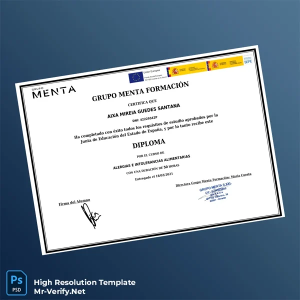 Spain Grupo Menta Formación Diploma in Allergies and Food Intolerances Template – Fully Editable High Resolution 2 Page Spain Grupo Menta Formación Diploma in Allergies and Food Intolerances Template – Fully Editable High Resolution 2 Page