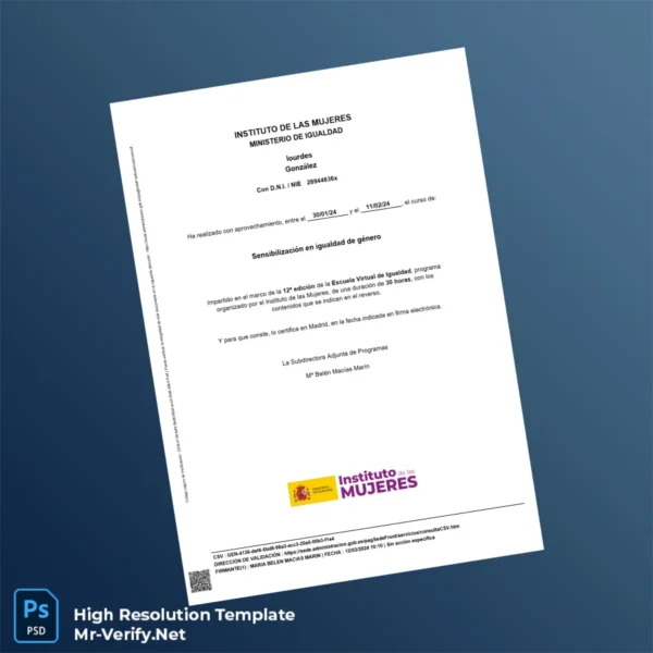Spain Instituto de las Mujeres Certificate in Gender Equality Awareness Template – Fully Editable & High Resolution 2 Page Spain Instituto de las Mujeres Certificate in Gender Equality Awareness Template – Fully Editable & High Resolution 2 Page