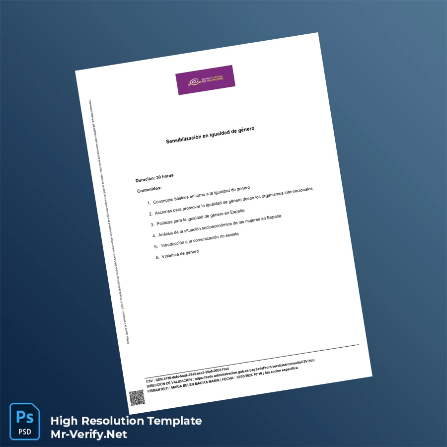 Spain Instituto de las Mujeres Certificate in Gender Equality Awareness Template – Fully Editable & High Resolution 2 Page Spain Instituto de las Mujeres Certificate in Gender Equality Awareness Template – Fully Editable & High Resolution 2 Page