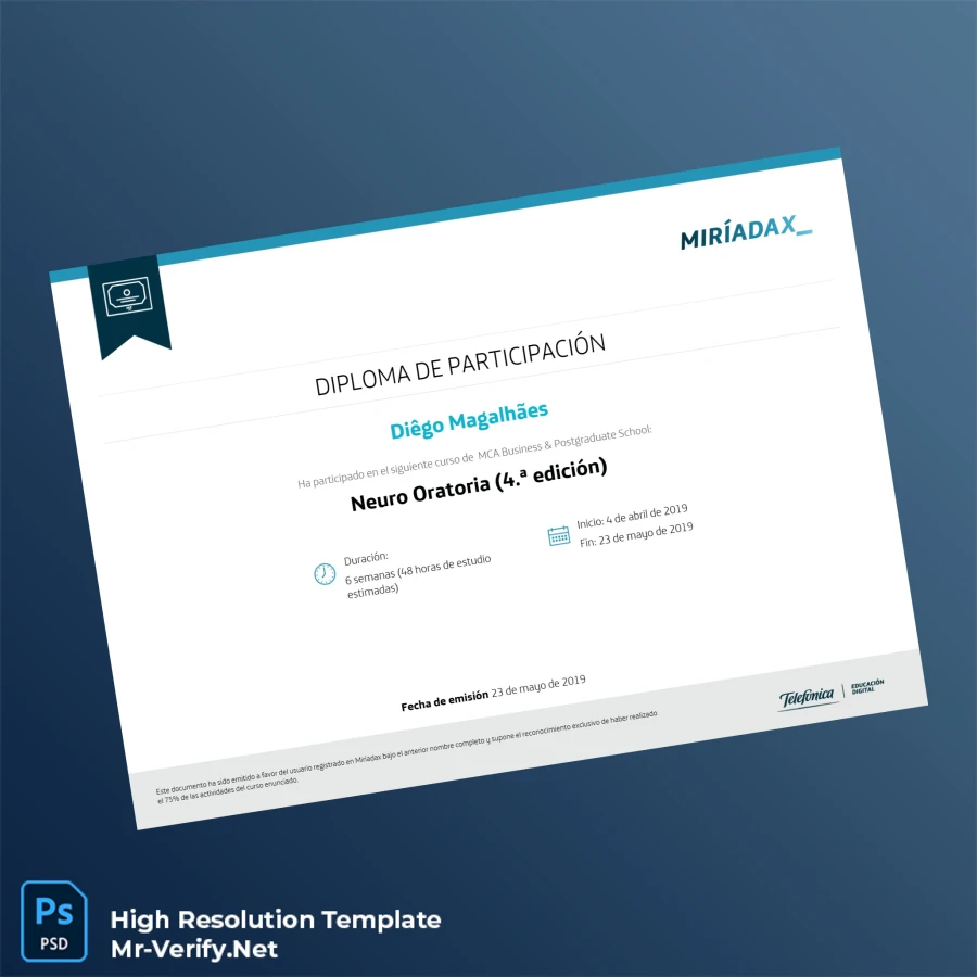 Spain Miriadax Neuro Oratory Participation Diploma Template – Fully Editable & High Resolution Spain Miriadax Neuro Oratory Participation Diploma Template – Fully Editable & High Resolution