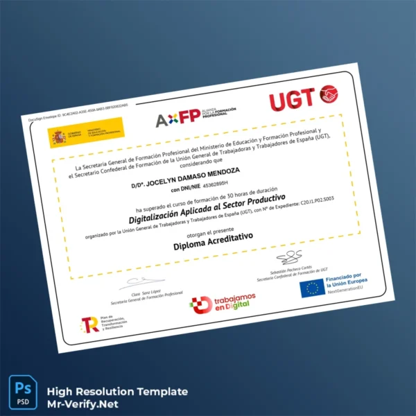 Spain Unión General de Trabajadores UGT Diploma Certificate – Fully Editable & High Resolution 2 Page Spain Unión General de Trabajadores UGT Diploma Certificate – Fully Editable & High Resolution 2 Page