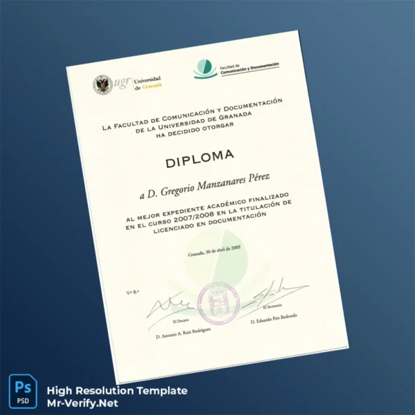 Spain University of Granada Diploma in Documentation Template – Fully Editable & Print-Ready Spain University of Granada Diploma in Documentation Template – Fully Editable & Print-Ready