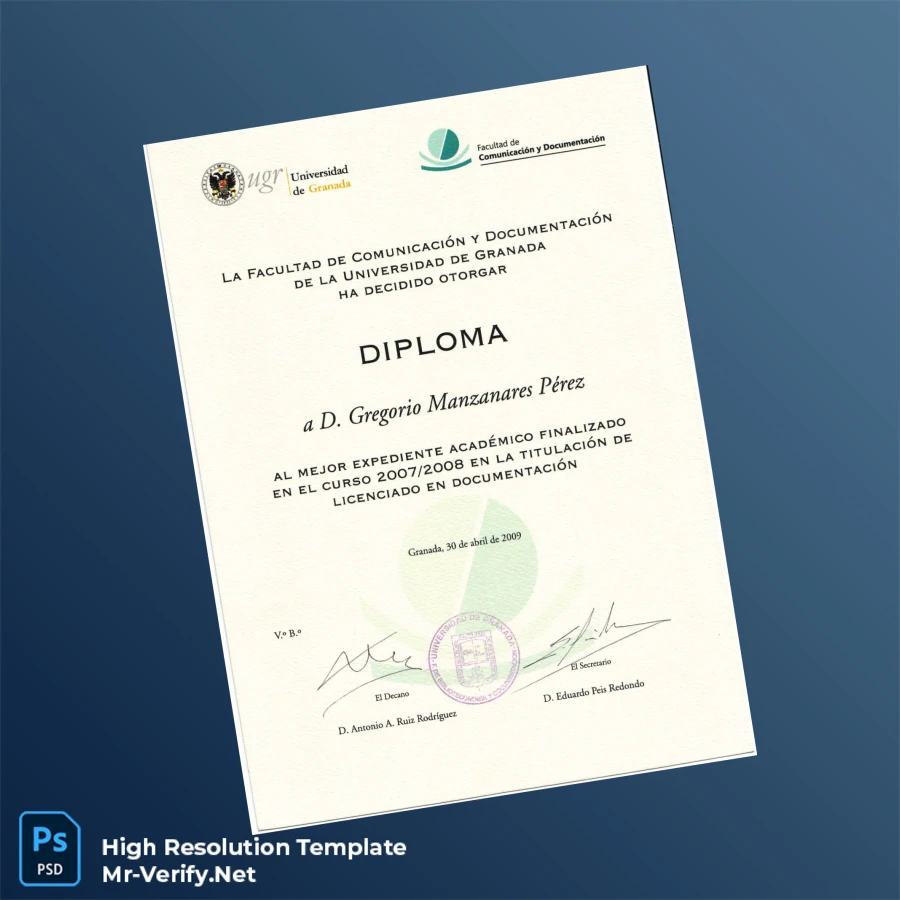 Spain University of Granada Diploma in Documentation Template – Fully Editable & Print-Ready Spain University of Granada Diploma in Documentation Template – Fully Editable & Print-Ready