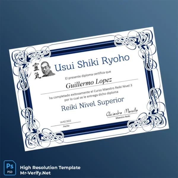 Spain Usui Shiki Ryoho Master Reiki Level 3 Diploma Template – Fully Editable Print-Ready Spain Usui Shiki Ryoho Master Reiki Level 3 Diploma Template – Fully Editable Print-Ready