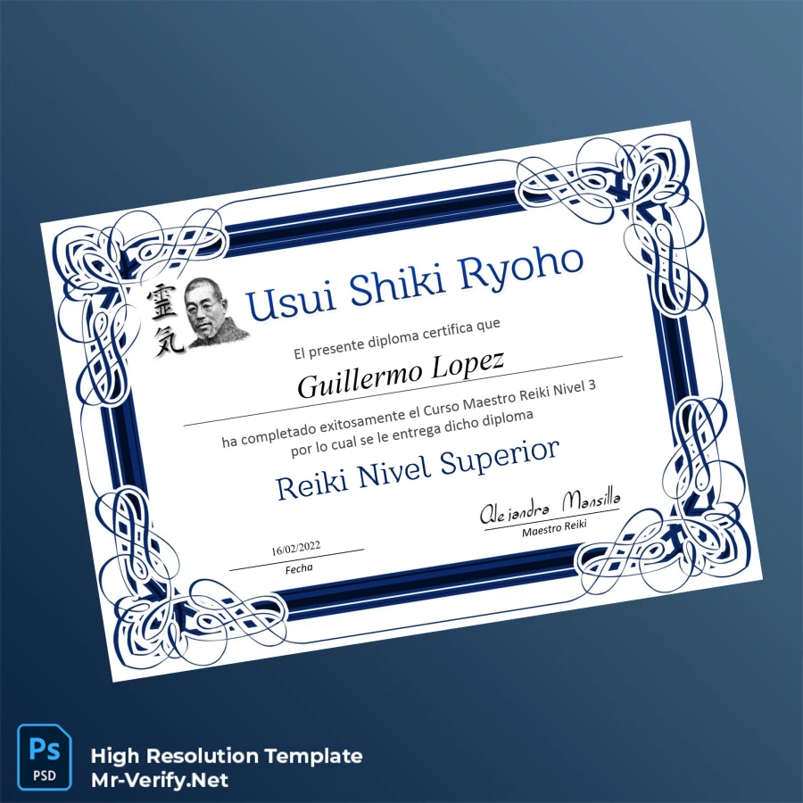 Spain Usui Shiki Ryoho Master Reiki Level 3 Diploma Template – Fully Editable Print-Ready Spain Usui Shiki Ryoho Master Reiki Level 3 Diploma Template – Fully Editable Print-Ready
