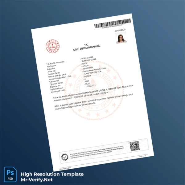 Turkey Düzce Arsals Anadolu High School Diploma Template – Fully Editable & Print-Ready Turkey Düzce Arsals Anadolu High School Diploma Template – Fully Editable & Print-Ready