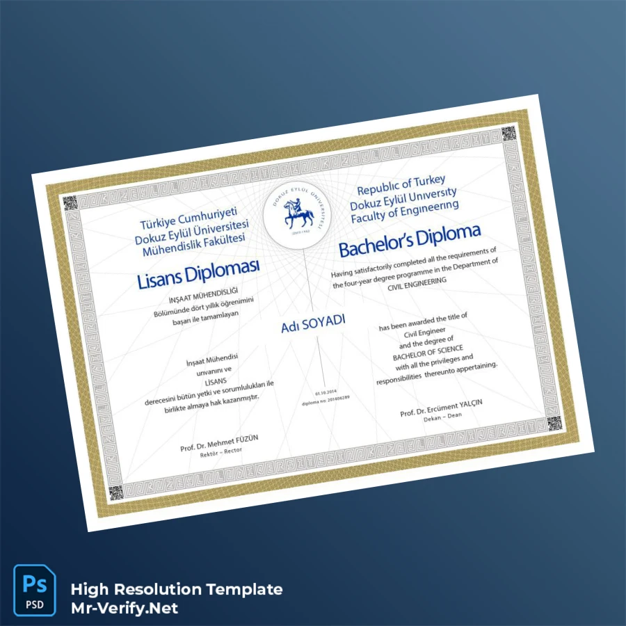 Turkey Dokuz Eylul University Bachelor’s Diploma in Civil Engineering Template – Fully Editable & High Resolution Turkey Dokuz Eylul University Bachelor’s Diploma in Civil Engineering Template – Fully Editable & High Resolution