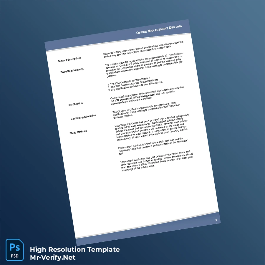 UK Institute of Commercial Management Diploma in Office Management Template – Fully Editable High Resolution 3 Page UK Institute of Commercial Management Diploma in Office Management Template – Fully Editable High Resolution 3 Page