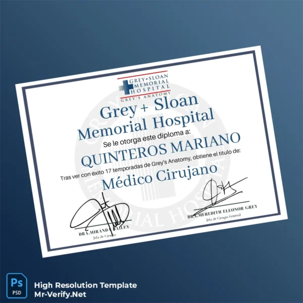 USA Grey Sloan Memorial Hospital Doctor of Medicine Certificate – Fully Editable & Print-Ready USA Grey Sloan Memorial Hospital Doctor of Medicine Certificate – Fully Editable & Print-Ready