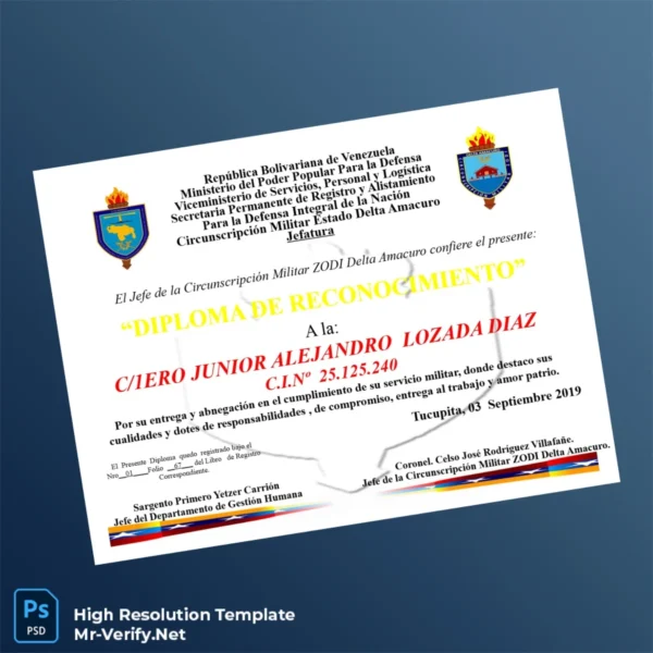 Venezuela Circunscripción Militar ZODI Delta Amacuro Diploma of Recognition – Fully Editable & High Resolution Venezuela Circunscripción Militar ZODI Delta Amacuro Diploma of Recognition – Fully Editable & High Resolution