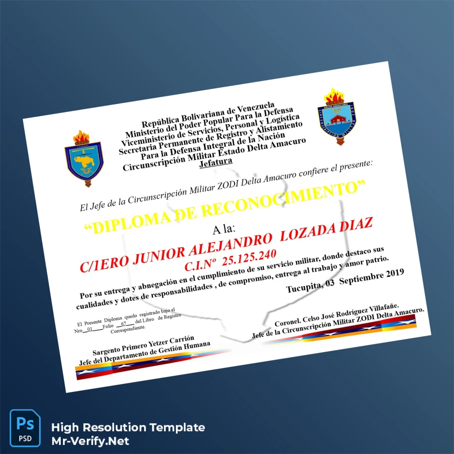 Venezuela Circunscripción Militar ZODI Delta Amacuro Diploma of Recognition – Fully Editable & High Resolution Venezuela Circunscripción Militar ZODI Delta Amacuro Diploma of Recognition – Fully Editable & High Resolution