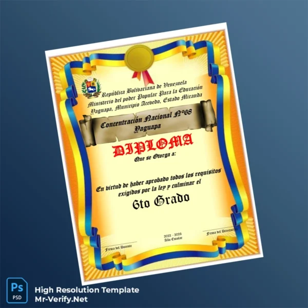 Venezuela Concentración Nacional N° 68 Yaguapa Sixth Grade Diploma Template – Fully Editable & Print-Ready Venezuela Concentración Nacional N° 68 Yaguapa Sixth Grade Diploma Template – Fully Editable & Print-Ready