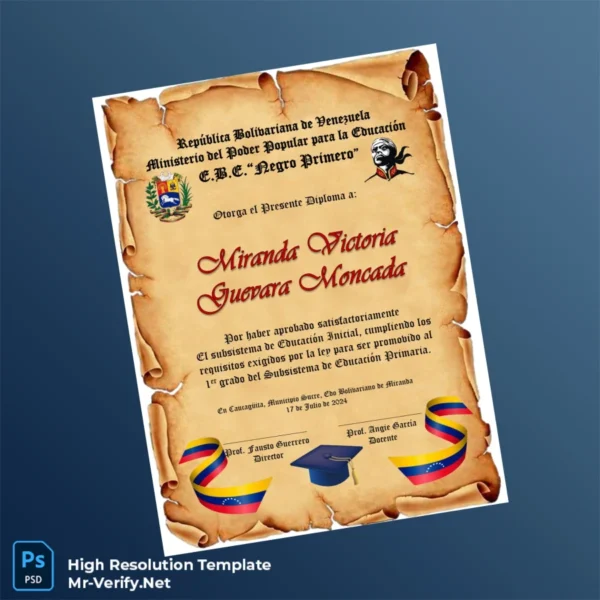 Venezuela E.B.E. _Negro Primero_ 1st Grade Promotion Diploma – Fully Editable & Print-Ready 2 Page Venezuela E.B.E. _Negro Primero_ 1st Grade Promotion Diploma – Fully Editable & Print-Ready 2 Page