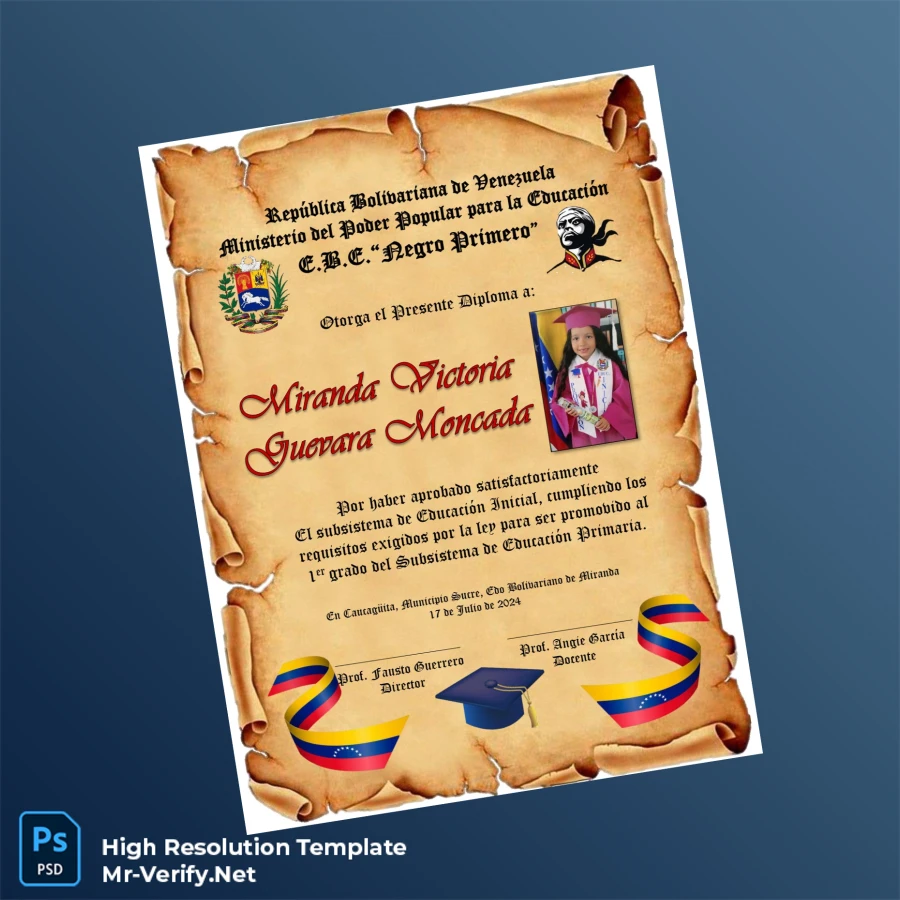 Venezuela E.B.E. _Negro Primero_ 1st Grade Promotion Diploma – Fully Editable & Print-Ready 2 Page Venezuela E.B.E. _Negro Primero_ 1st Grade Promotion Diploma – Fully Editable & Print-Ready 2 Page