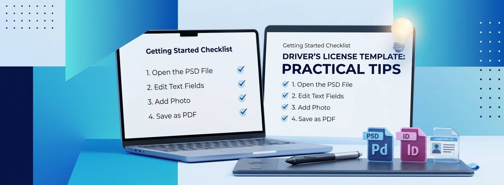 drivers license psd template getting started checklist open edit save photoshop