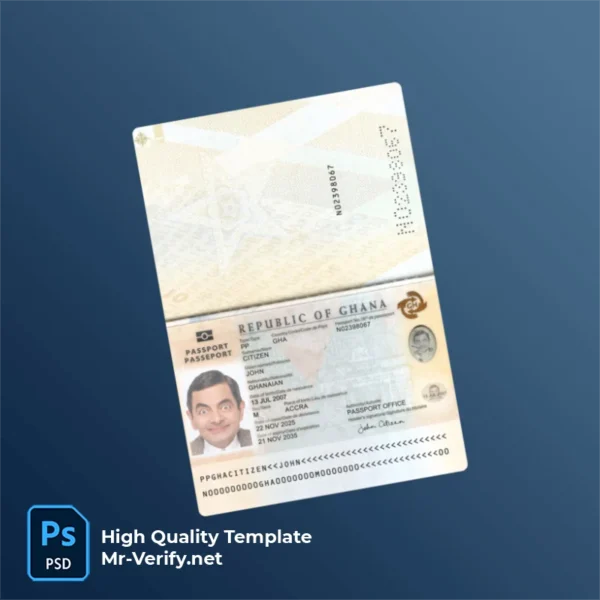 Ghana Passport PSD Template Version 1 (2025-present) - official style layout concept