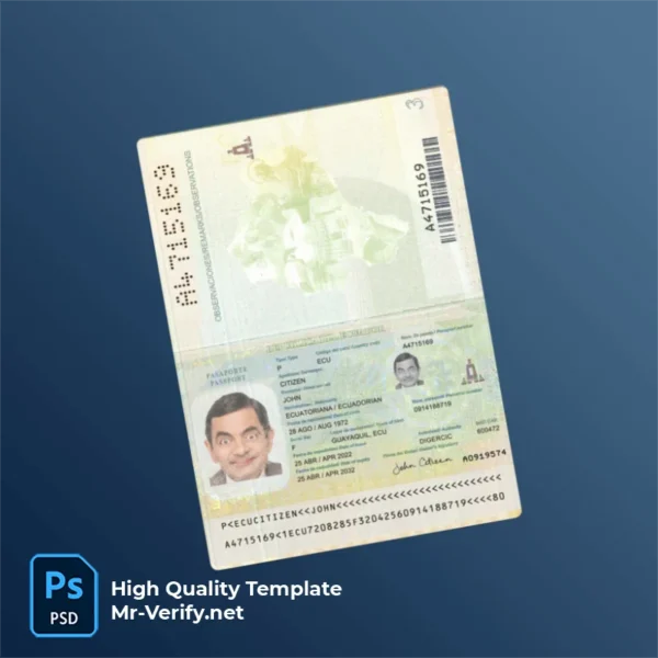 Ecuador Passport PSD Template Version 3 (2022-present) - printable document prop template
