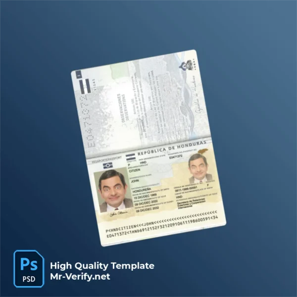 Honduras Passport PSD Template Version 1 (2022-present) - Texture View Honduras Passport PSD Template Version 1 (2022-present) - printable document prop template
