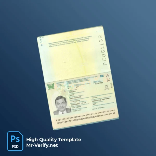 Sao Tome And Principe Passport Template Version 1 (2023-present) - High-Res Shot Sao Tome And Principe Passport Template Version 1 (2023-present) - photorealistic shadow details