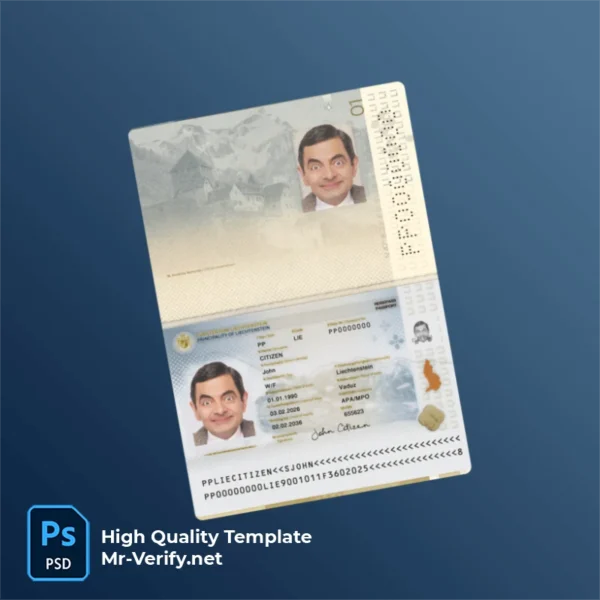 Liechtenstein Passport PSD Template Version 1 (2026-present) - printable document prop template