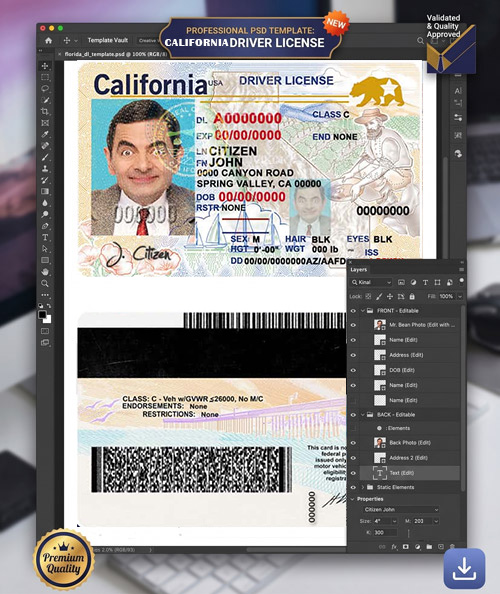 California Driver License PSD Template